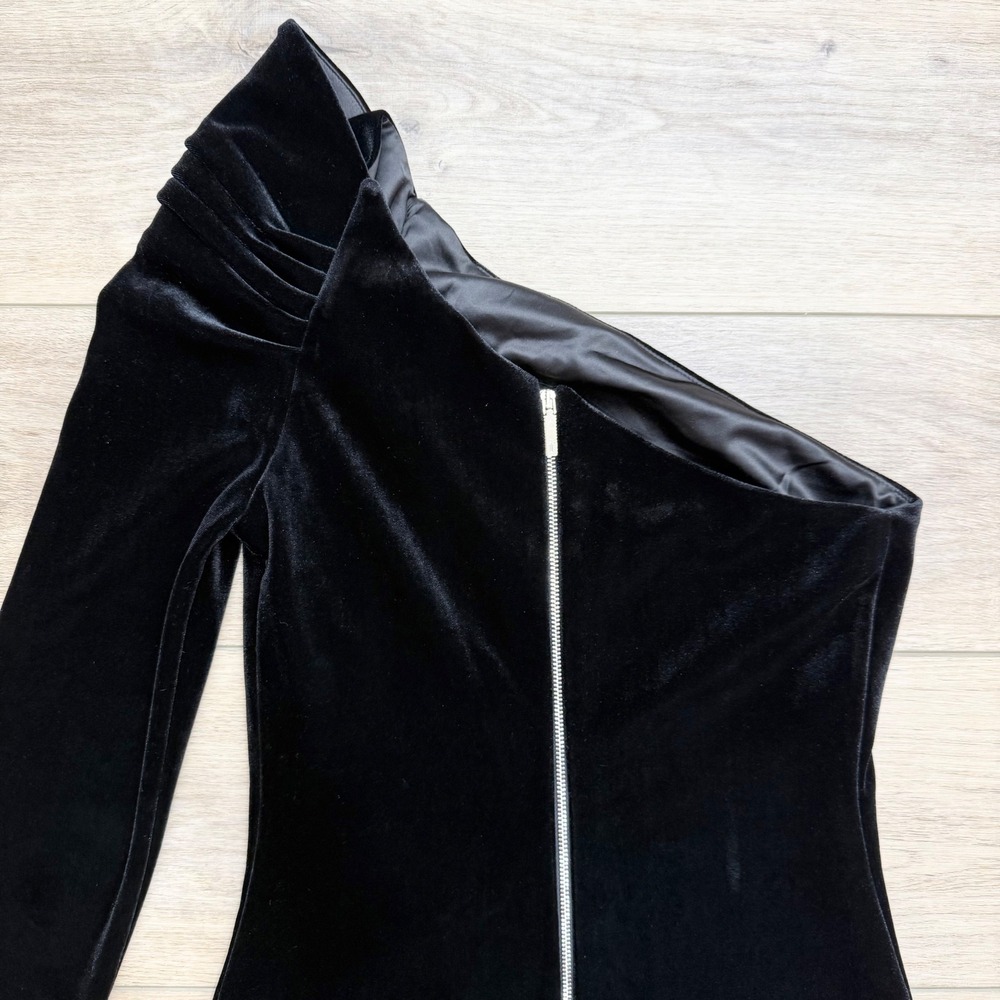Ted Baker Black Velvet One Shoulder Sleeve Modern Minimalist Cocktail Dress Sz 1 - Picture 5 of 12